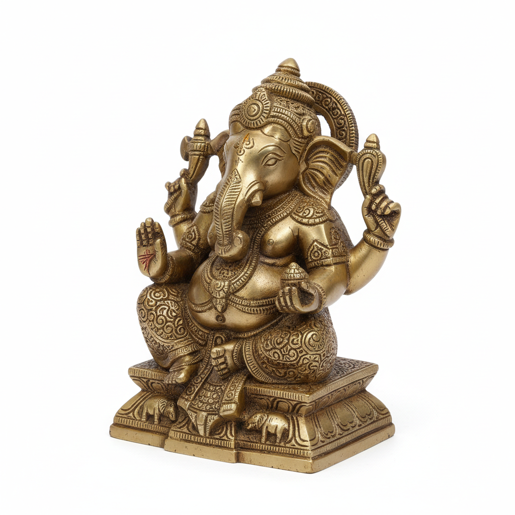 Handcrafted brass Ganesha idol with intricate carvings