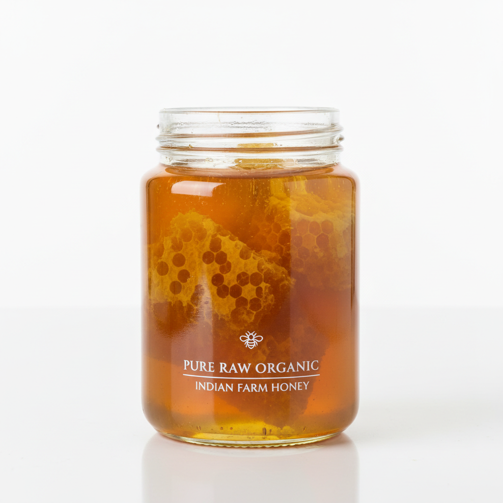 Raw forest honey in glass jar with honeycomb