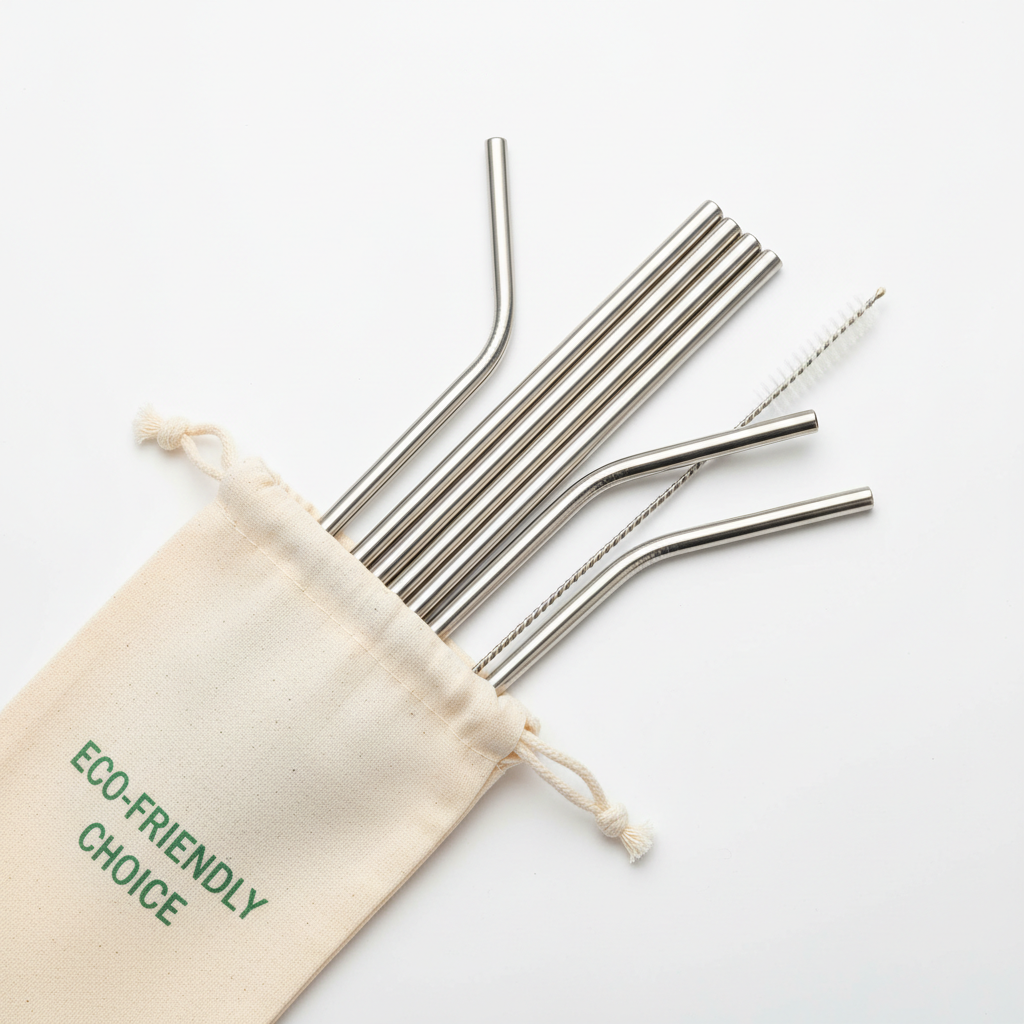 Stainless steel reusable straw set with cleaning brush and cotton pouch