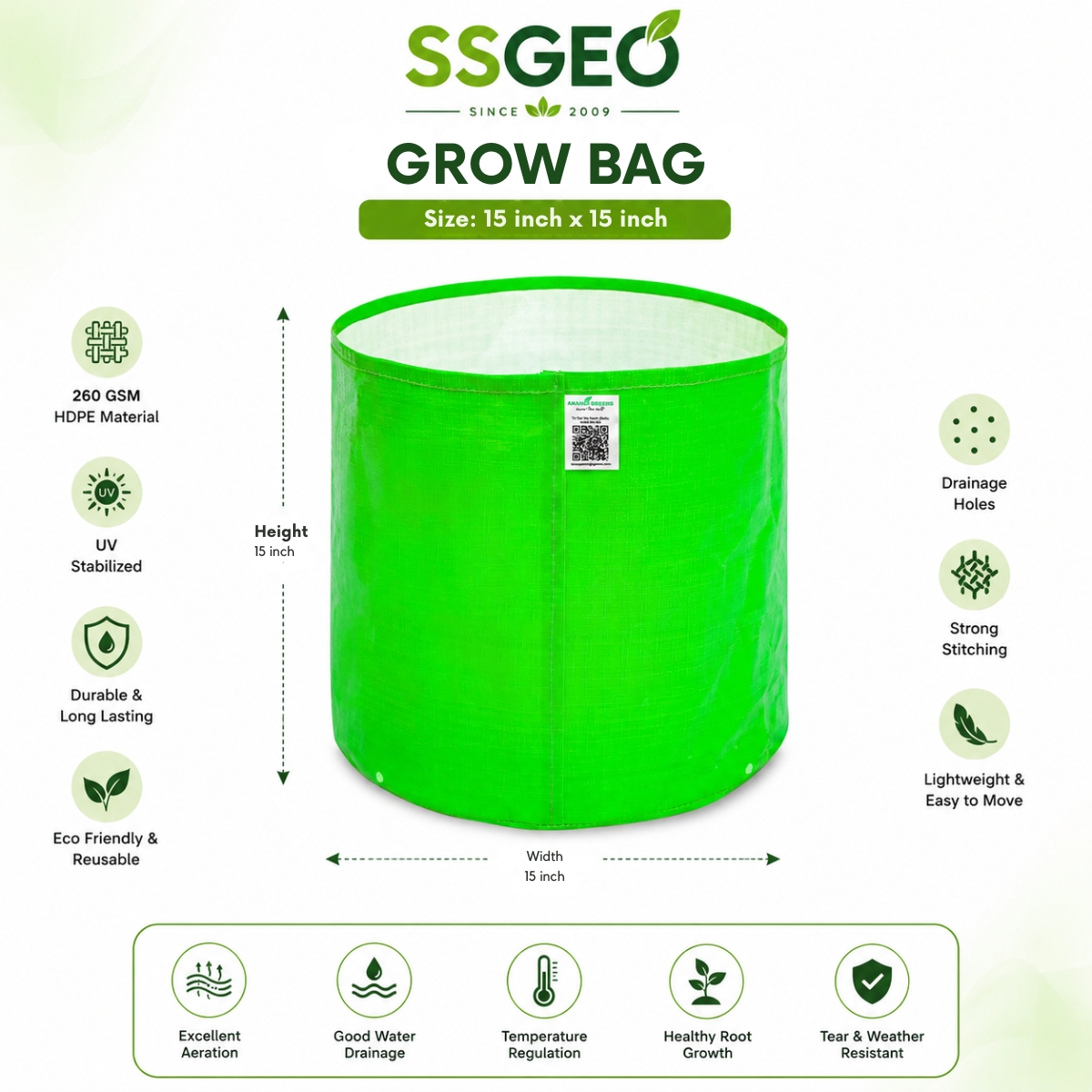SSGEO Premium HDPE Grow Bag with PVC Frame (15x15 Inch)
