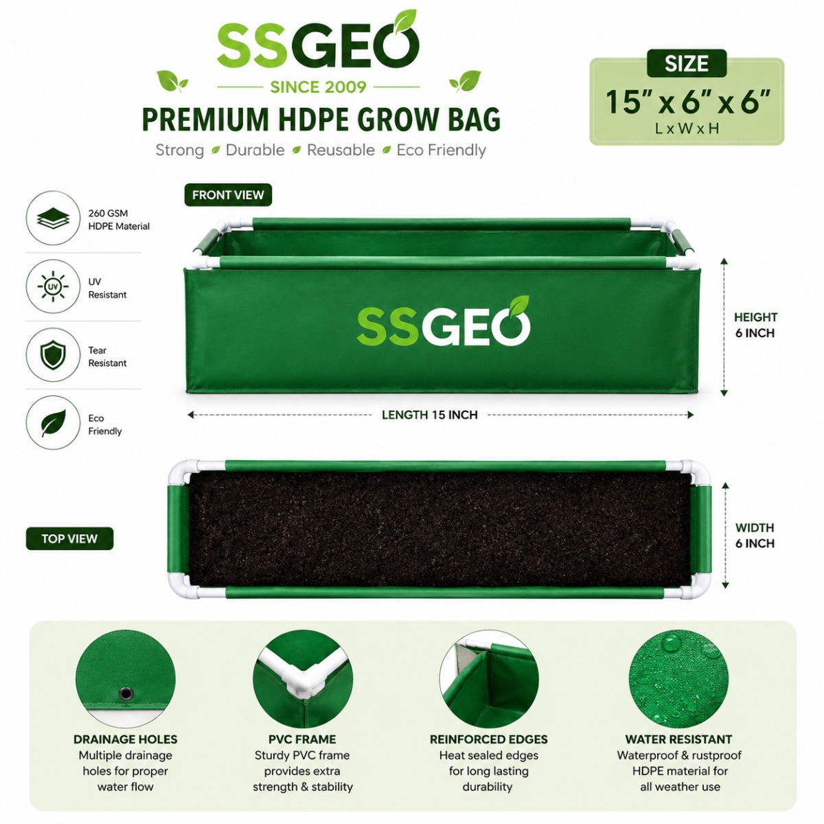 SSGEO Premium HDPE Rectangular Grow Bag (15x6x6 Inch)