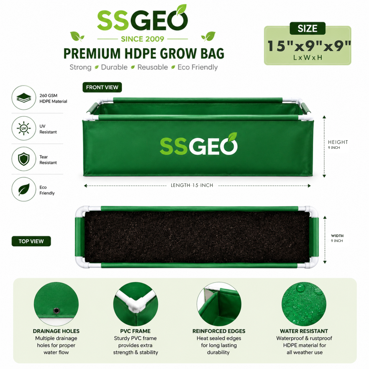 SSGEO Premium HDPE Rectangular Grow Bag (15x9x9 Inch)
