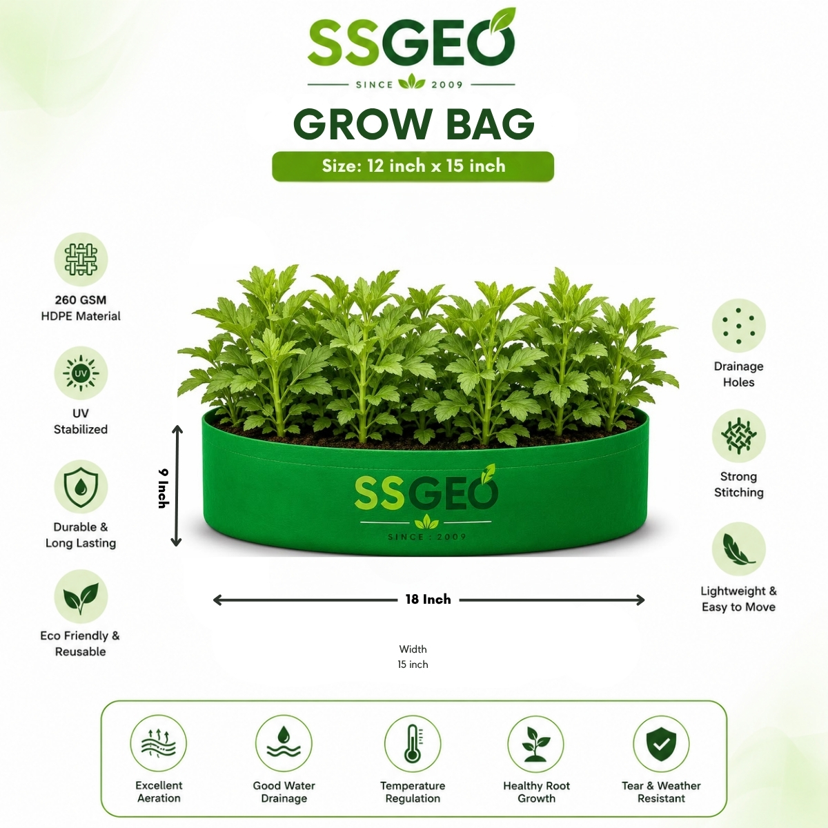 SSGEO Premium HDPE Grow Bag with PVC Frame (9x18 Inch)