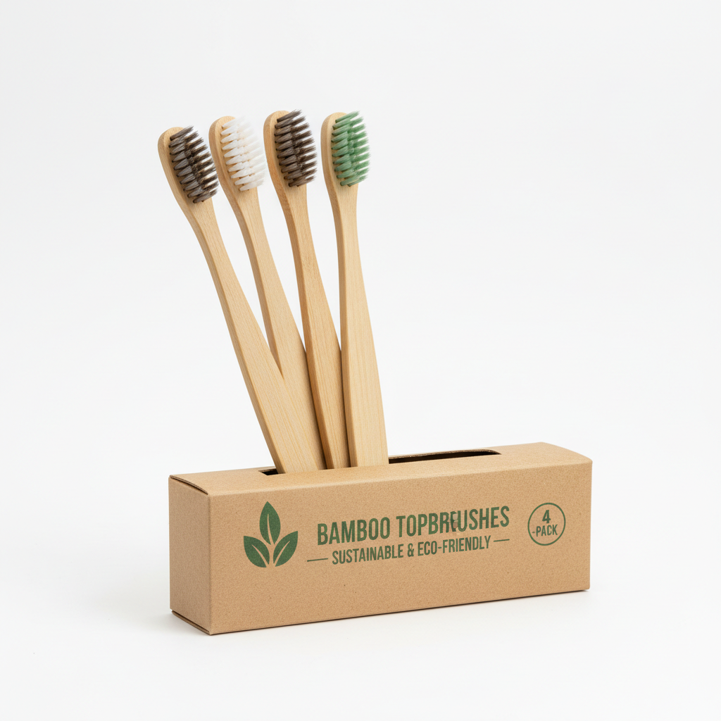 Bamboo toothbrush set in kraft paper packaging