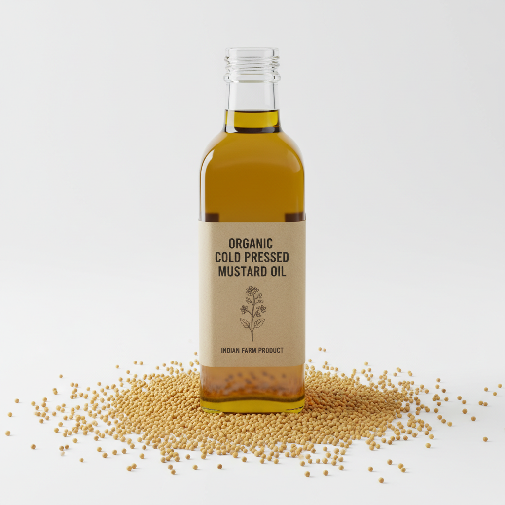 Cold pressed mustard oil in glass bottle