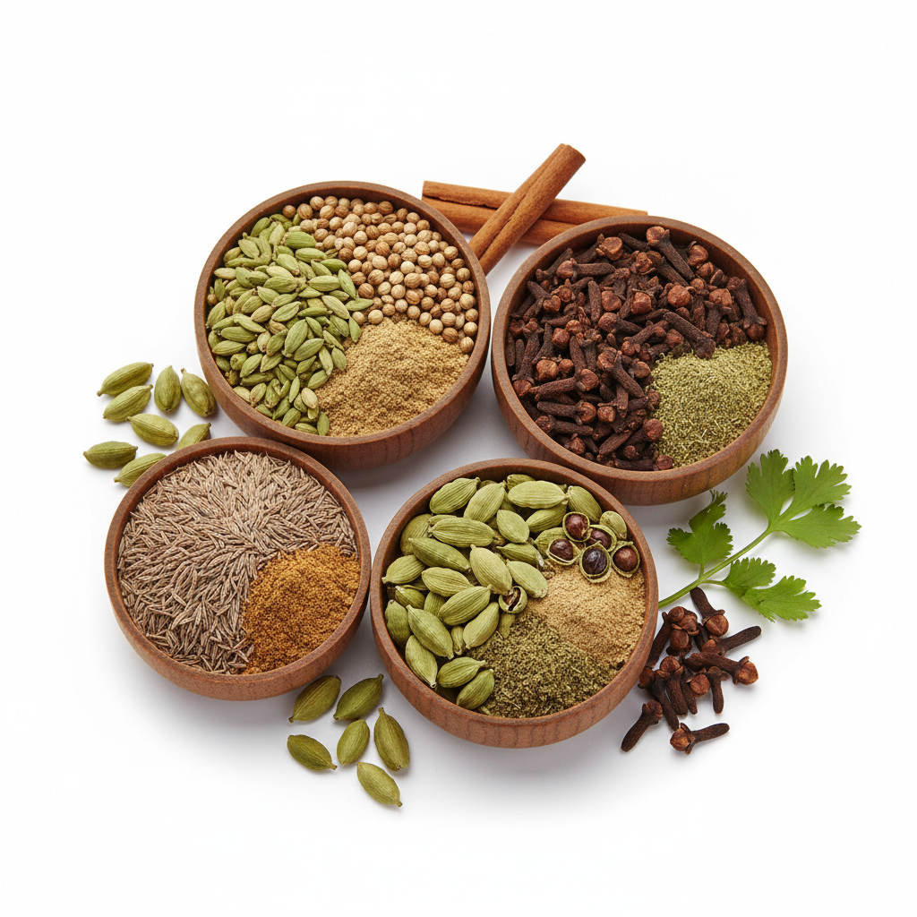 Organic Indian spice collection in wooden bowls