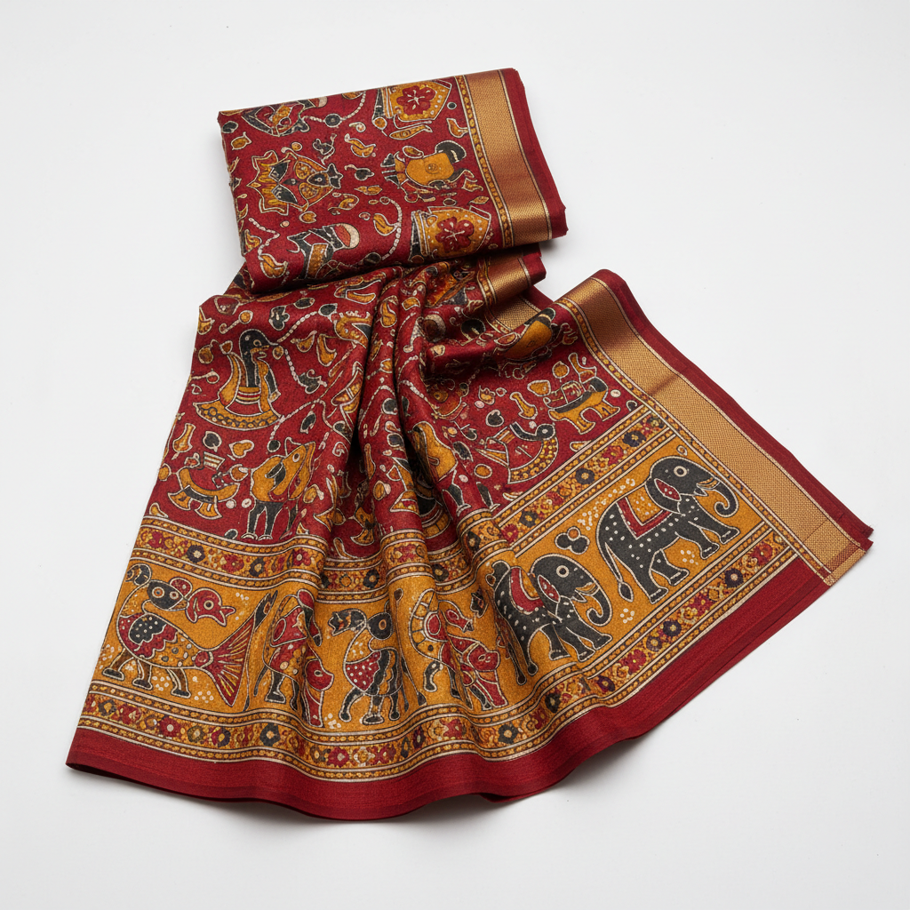 Handwoven Madhubani art silk saree with traditional folk motifs