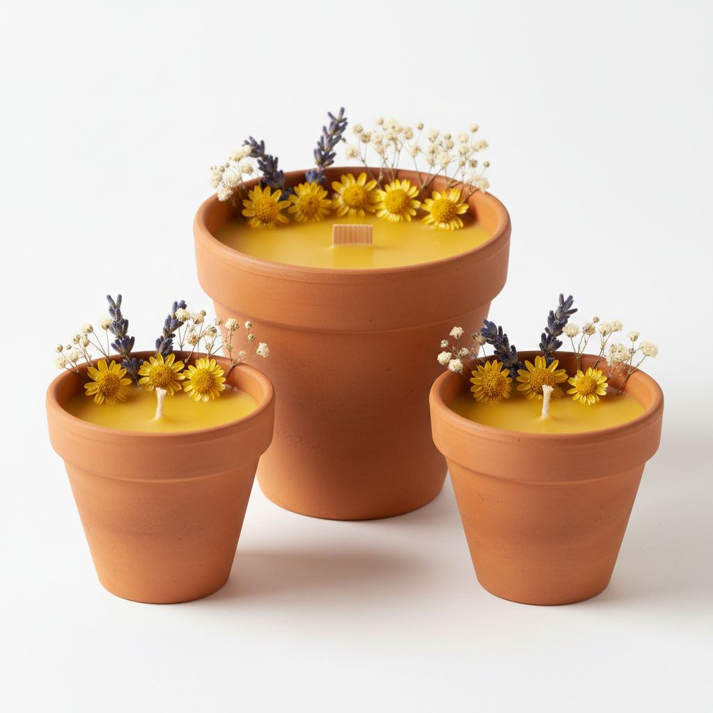 Beeswax candles in terracotta clay pots with dried flowers