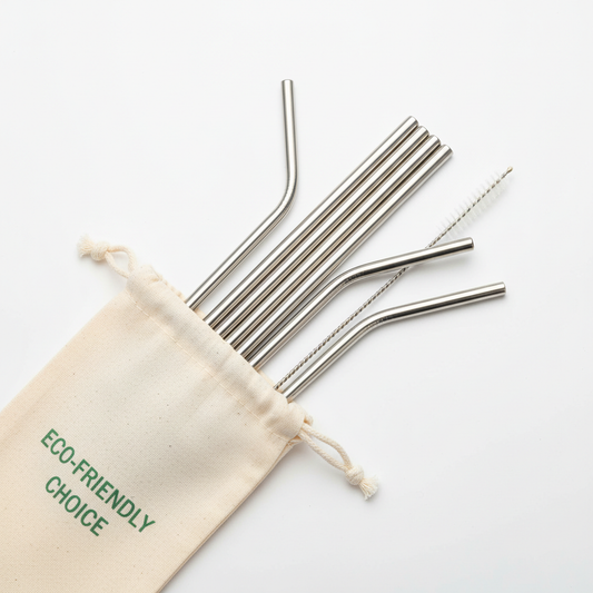 Stainless steel reusable straw set with cleaning brush and cotton pouch